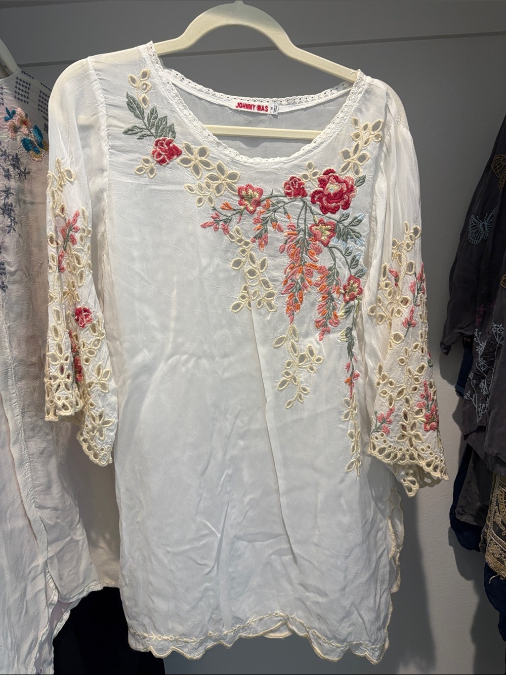 Johnny Was Ivory Floral Embroidered Tunic with Pink and Green Accents
